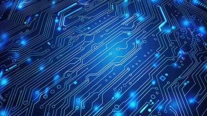 Poster - Abstract blue digital circuitry with glowing lines. Digital artwork of electronic circuit with glowing blue color and black background. Abstract artwork of motherboard. Technology innovation. AIG53.