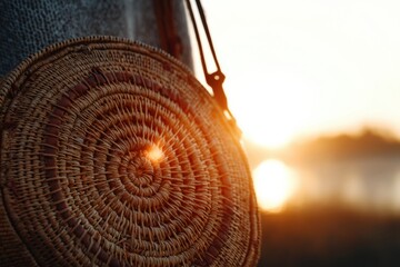 Aufkleber - Sun Lens Flare Captured in a Round Straw Purse During Golden Hour by the Water Generative AI