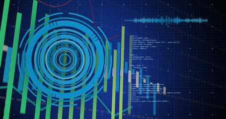 Poster - Displaying concentric radar circles with rising bars, floating waveform overlaid code on dark grid