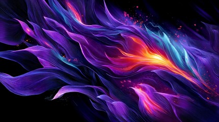 Poster - Abstract Purple and Orange Flowing Energy - Vibrant abstract artwork featuring flowing purple, orange, and blue energy forms against a black background. Ideal for technology, design