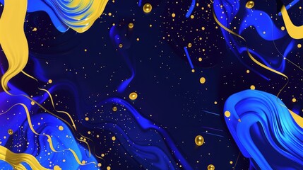Fototapete - Abstract fluid shapes in blue and yellow with confetti. Digital 3D rendering art of yellow and blue swirling color mixing together Abstract shape concept. Contemporary decorative pattern. AIG51.