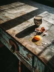 Aufkleber - Sunbeam Illuminates Vintage Table With Broken Shell and Fresh Yolk During Morning Hours in a Rustic Setting Generative AI