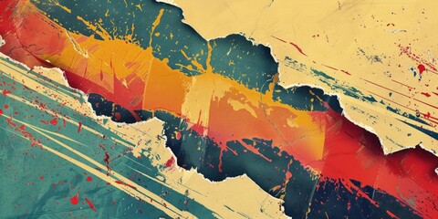 Poster - Retro graphic design with geometric shapes and splatter effects. Abstract poster art. Background image ofretro theme with tearing paper with vibrant color and yellow paper. Street artwork. AIG51.