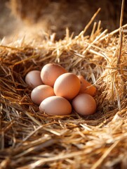 Poster - Pile of Hay Revealing Nestled Eggs in Warm, Natural Light Captured During the Early Morning Hours Generative AI