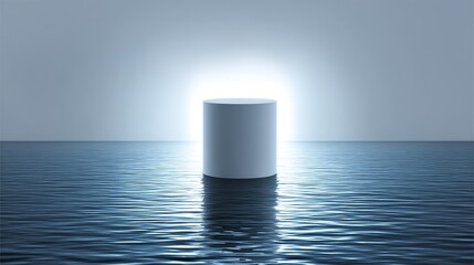 Poster - White Cylinder on Calm Water - A white cylindrical pedestal sits on the surface of calm blue water, illuminated from above. Minimalist and serene