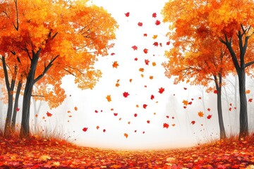 Aufkleber - Vibrant autumn leaves fall gently amidst a serene landscape illuminated by soft morning light in a tranquil forest during the peak of fall season