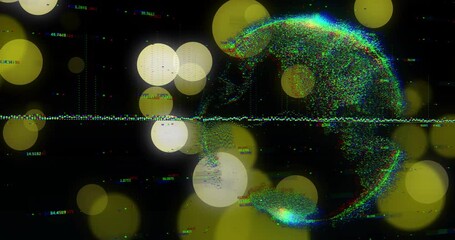 Poster - Dense semi-spherical pixel noise arc floating right, overlaying bokeh circles and RGB glitch bands