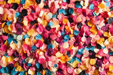 Poster - Colorful petals scattered on a flat surface create a vibrant and joyful ambiance, perfect for celebrations and decorative purposes indoors or outdoors