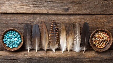 Poster - Indigenous Tools and Crafts Displayed on Rustic Wood With Natural Elements and Soft Lighting