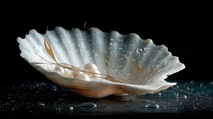 Poster - Elegance of Shell and Pearls Resting on Dark Slate With Glistening Droplets and Subtle Seaweed