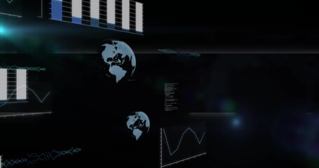 Poster - Holographic globe rotating in dashboard displaying floating bar chart, line graph, scrolling code
