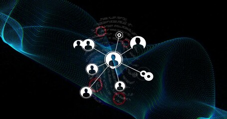 Poster - Network visualization flowing scene, connecting avatar nodes with fingerprint and red highlights