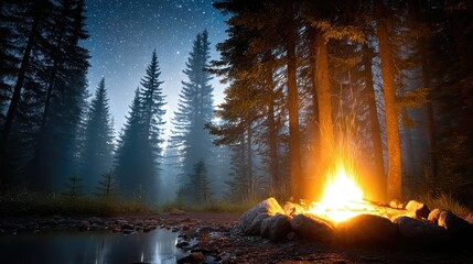 Poster - Rustic Campfire Warmth Under a Starlit Sky Beside a Tranquil Sleeping Area in the Woods