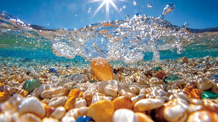 underwater view of sunlight shining through water with pebbles
