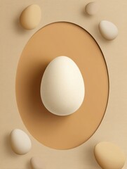 Fototapete - Eggshell Tone With Rounded Logo Frame Highlights a Single Prominent Egg Centered Among Smaller Surrounding Eggs Generative AI