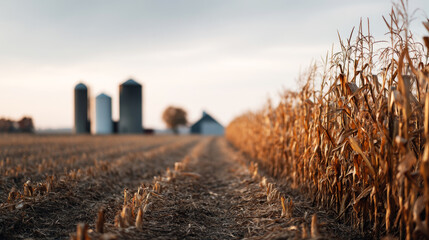 Wall Mural - dried corn stalks towering across harvested farmland, golden sunset illuminating wooden silos and ru