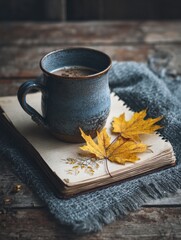 Poster - Warm Mug Rests on Vintage Notebook Featuring Falling Leaf Sketch, Evoking Cozy Autumn Moments and Artistic Inspiration Generative AI