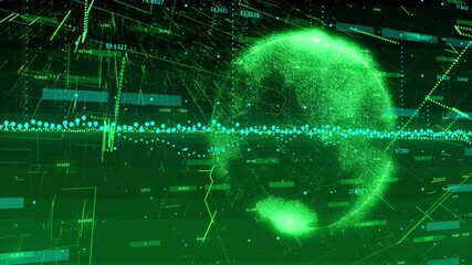 Poster - Green particle globe showcasing network flow in 3D render, with floating bars, wireframe details
