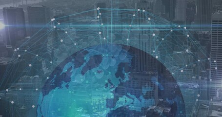 Poster - 3D-rendered digital globe spinning above city skyline, showing network nodes and connecting lines