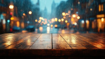Wall Mural - old wooden vintage counter with colorful bokeh street light night.