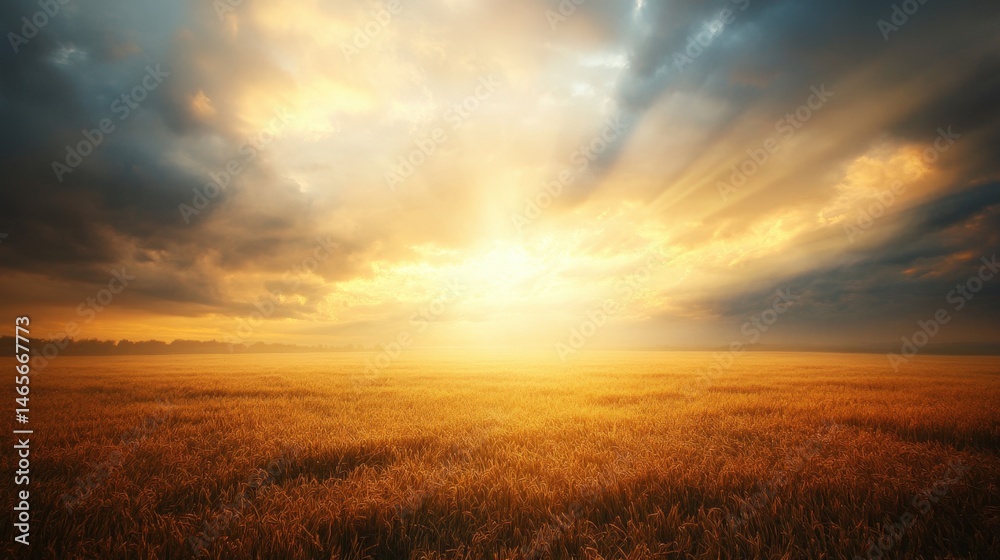 Dramatic sky with sun rays breaking through dark clouds over a vast ...