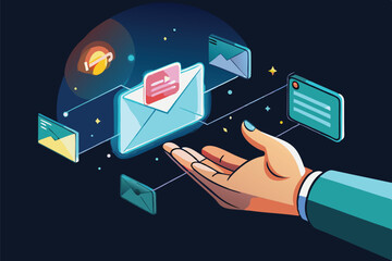 Aufkleber - Creative vector illustration of a hand interacting with an envelope surrounded by digital messages in a modern design style