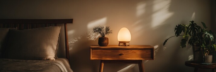 Aufkleber - Glowing Nightlight on Wooden Nightstand Creating a Cozy Ambiance in a Softly Lit Room With Plants Generative AI
