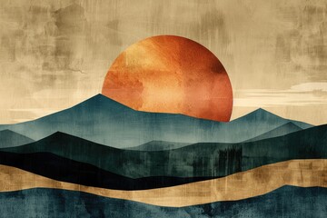 Poster - a landscape painting of mountains, sun, and muted colors.
