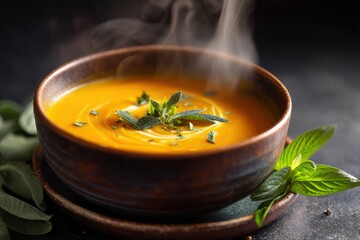 Aufkleber - Warm Pumpkin Soup Served in a Rustic Ceramic Bowl Topped With Fresh Herbs in a Cozy Kitchen Setting Generative AI