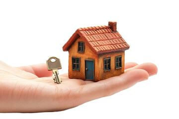 Poster - Wooden key shaped like a house on a transparent background evokes home ownership and security vibes for design and decoration projects