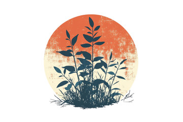 Poster - Stylized plant silhouette against a circular background with warm colors, representing nature and tranquility in a minimalistic artistic design