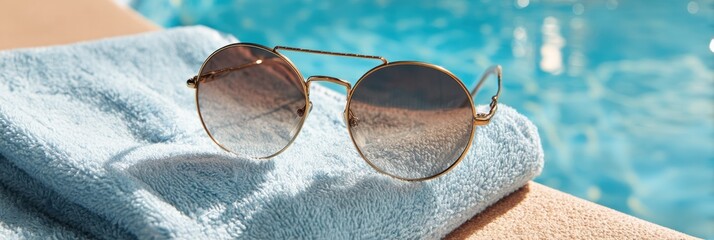 Poster - Round Sunglasses Resting on a Soft Towel by the Sparkling Pool on a Bright Sunny Day With a Clear Blue Sky Above Generative AI