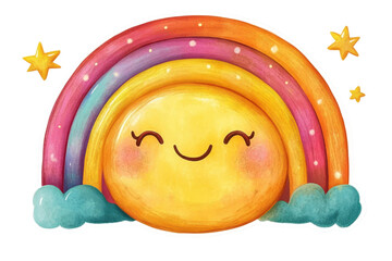 Poster - Cheerful cartoon rainbow with smiling clouds and colorful hearts on a transparent background perfect for decorations or digital projects