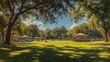 © Jdgkxbnc - Crowd of people gathered under multiple wooden gazebos surrounded by large trees and open grassy field on a sunny day with blue sky and scattered clouds