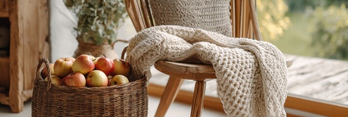 Poster - Wooden Chair Adorned With Knit Throw and Basket of Fresh Apples in a Cozy Interior Setting Generative AI