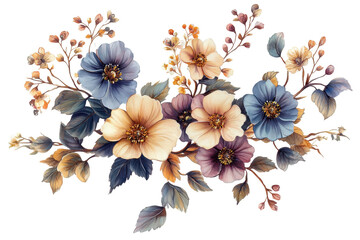 Poster - Elegant floral arrangement featuring blue, cream, and purple blooms on a transparent background perfect for digital designs and decorations