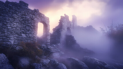 Wall Mural - soft luminescence illuminates ancient stone walls, mystic fog envelops, stone, misty, walls. [celest