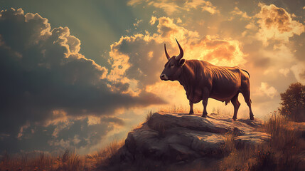 Wall Mural - Bull on rock with sunlight and clouds. [Solar Echoes] | Sunflare Reverie | dreamy warmth. Illustration