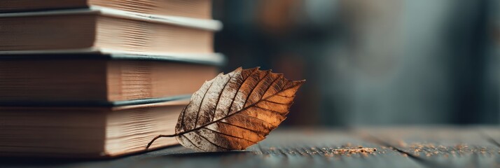 Poster - Stack of Books With Dried Leaf Bookmark on Wooden Table in Cozy Indoor Setting During Fall Season Generative AI