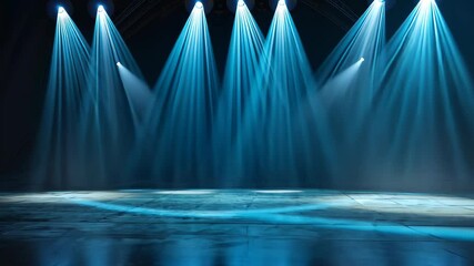 Fototapete - Illuminated Stage: A captivating shot of a stage bathed in bright blue spotlights, radiating energy and focus on the performance area, symbolizing anticipation and excitement.