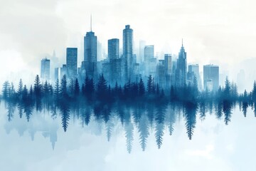 Poster - cityscape reflected in a misty forest, a tranquil view.