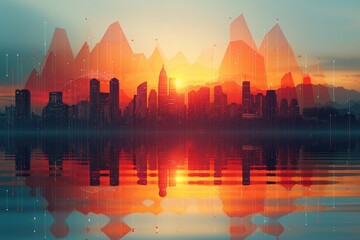 Poster - sunrise over a modern city skyline reflected in calm water.
