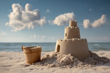 Aufkleber - Crumbled Sandcastle on the Beach With a Tiny Bucket Beside It Under a Blue Sky Filled With Clouds Generative AI
