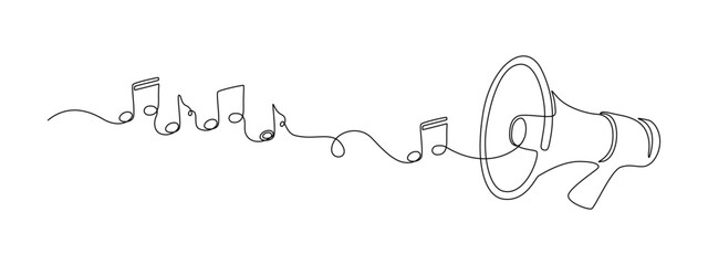 Aufkleber - Loudspeaker with music note in one continuous line drawing. Megaphone translating radio sound and voice song in simple linear style. Music school concept in editable stroke. Vector illustration