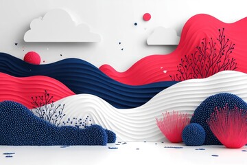 Poster - vibrant, abstract landscape scene with flowing shapes.