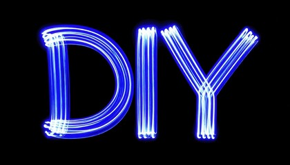Poster - Blurred Blue Light Waves Forming DIY Letters on Black Background