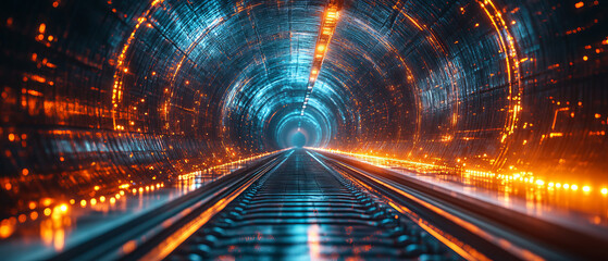 Poster - Futuristic undersea energy tunnel with glowing blue and orange lights creating vibrant atmosphere