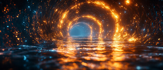 Poster - glowing futuristic tunnel with bright orange lights reflecting water creates magical atmosphere