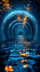 Poster - glowing futuristic tunnel with reflective water and bright blue and orange lights creating