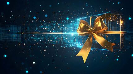 Poster - Futuristic gift concept with golden bow on digital network background design